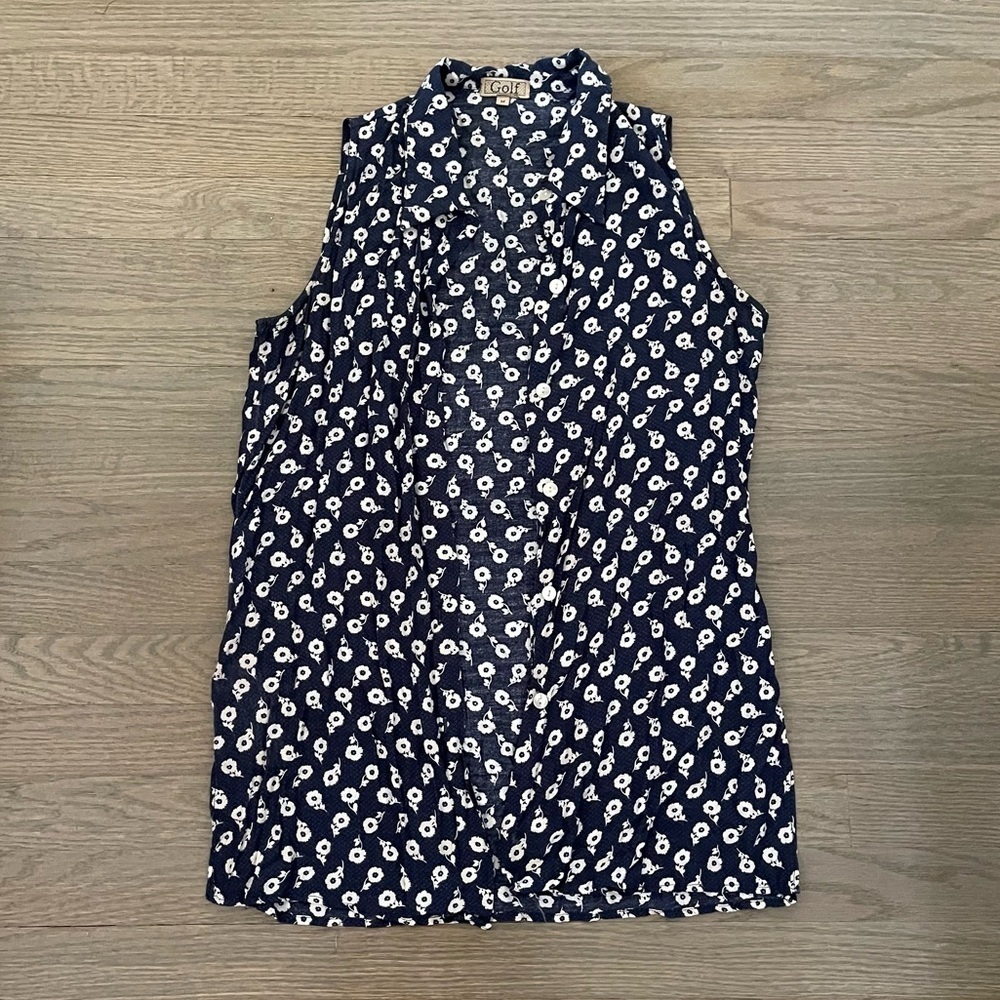 GOLF Women's Navy Floral Printed Collared Button Down Sleeveless Shirt Size M
